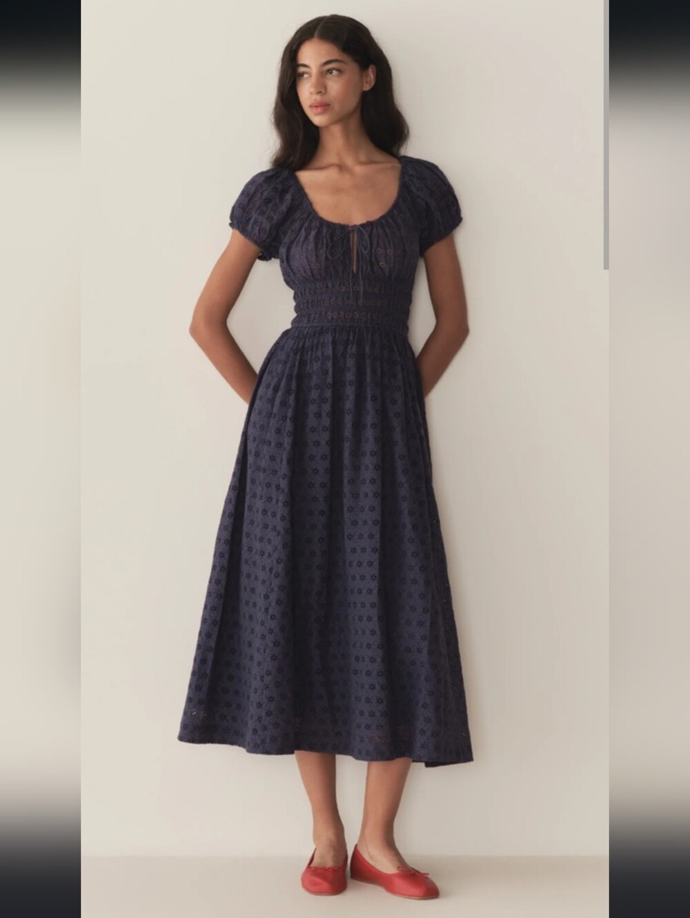 Doen Navy Quinn dress Eyelet Midi with Puff Sleeves